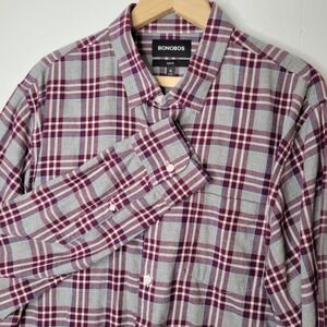 BONOBOS Mens XL Plaid Long Sleeve Button Down Shirt Slim Fit Burgundy Gray
